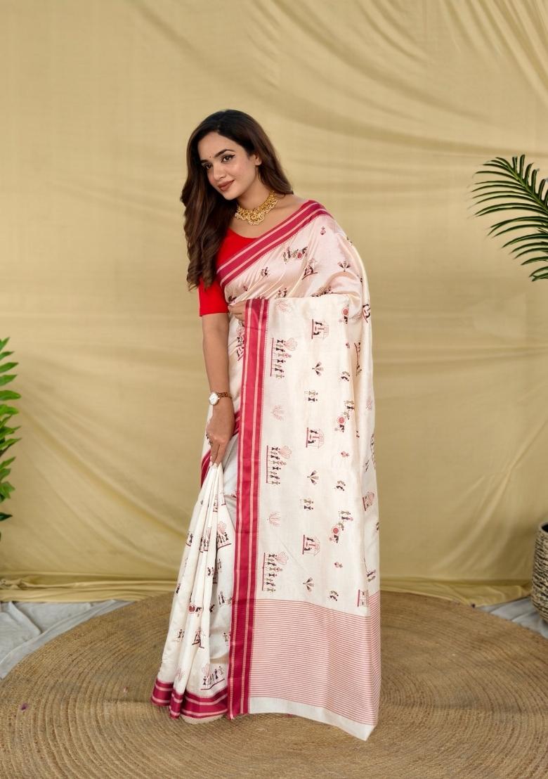 White Embroidered Silk Blend Saree Set - Indya