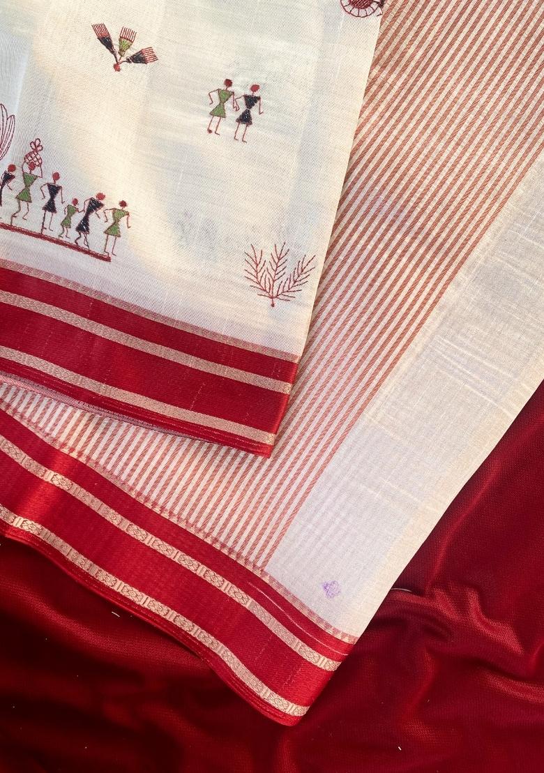 White Embroidered Silk Blend Saree Set - Indya