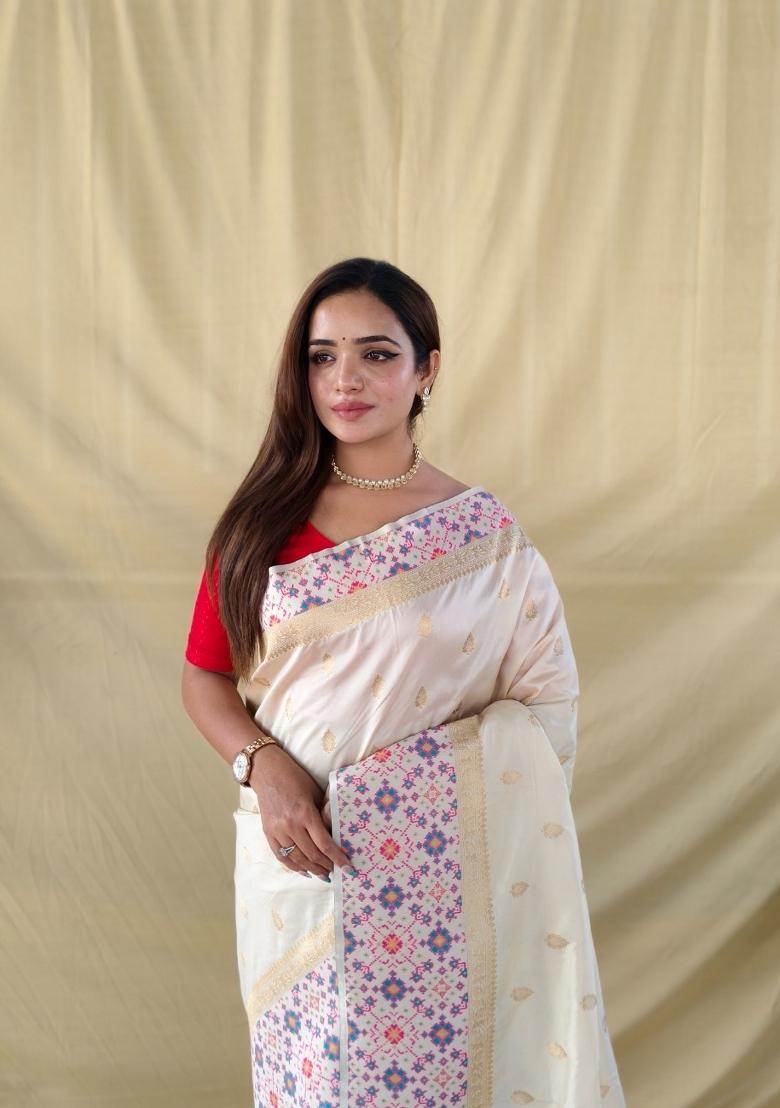 Ivory Woven Silk Blend Saree Set - Indya