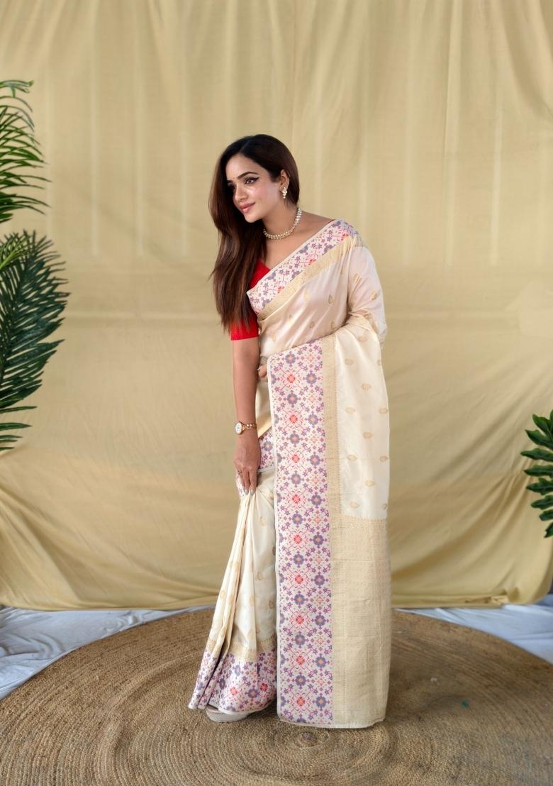 Ivory Woven Silk Blend Saree Set - Indya