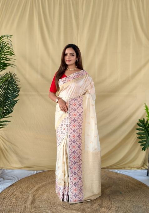 Ivory Woven Silk Saree Set