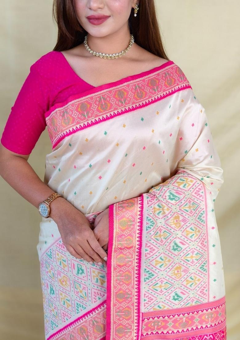 Ivory Woven Silk Blend Saree Set - Indya