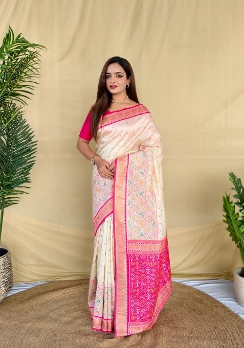 Ivory Woven Silk Blend Saree Set