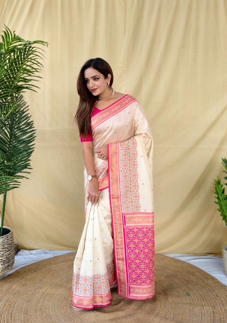 Ivory Woven Silk Blend Saree Set - Indya