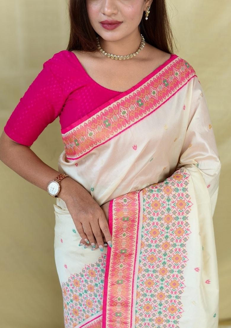Ivory Woven Silk Blend Saree Set - Indya