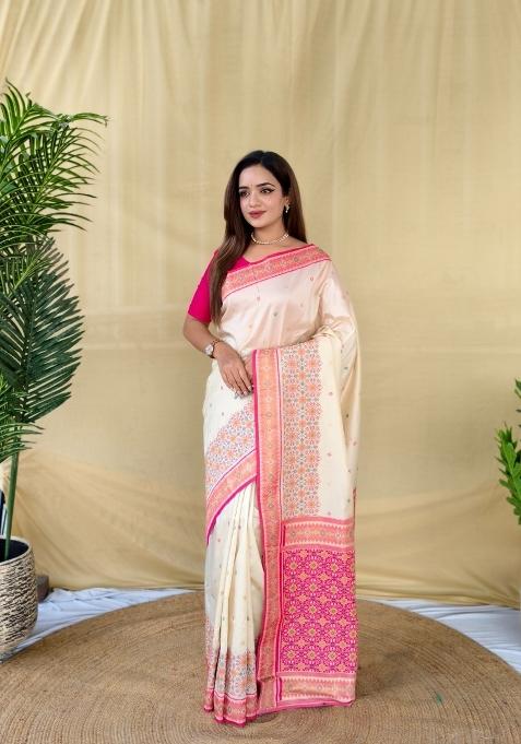 Ivory Woven Silk Blend Saree Set
