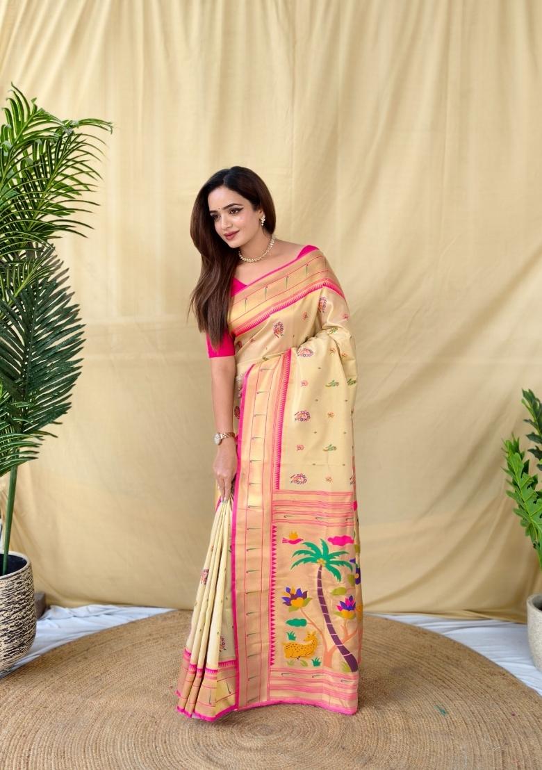Ivory Woven Silk Blend Saree Set - Indya