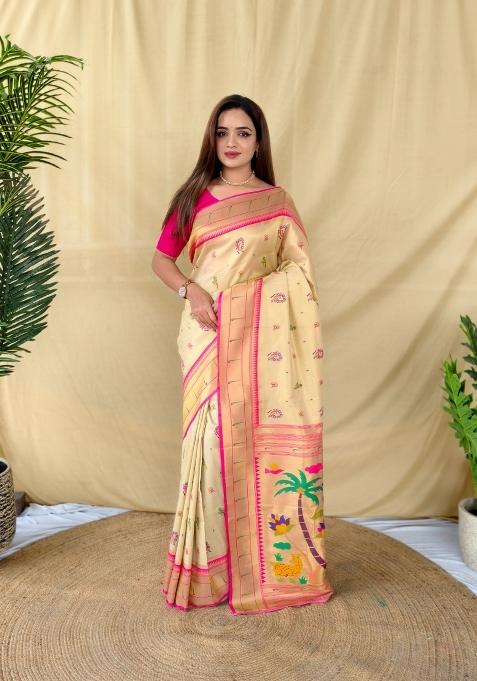 Ivory Woven Silk Blend Saree Set