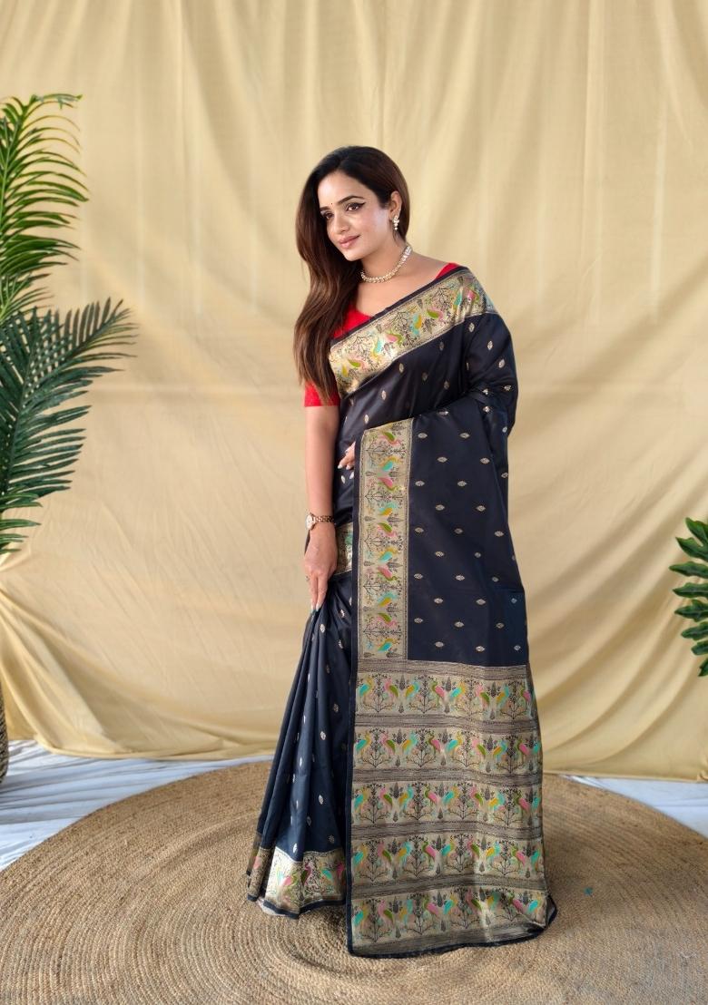 Black Woven Banarasi Saree Set - Indya