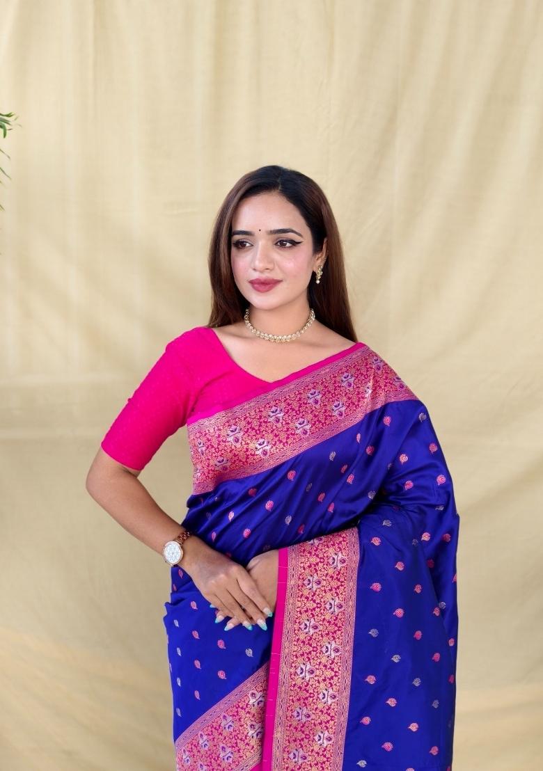 Royal Blue Woven Silk Blend Saree Set - Indya