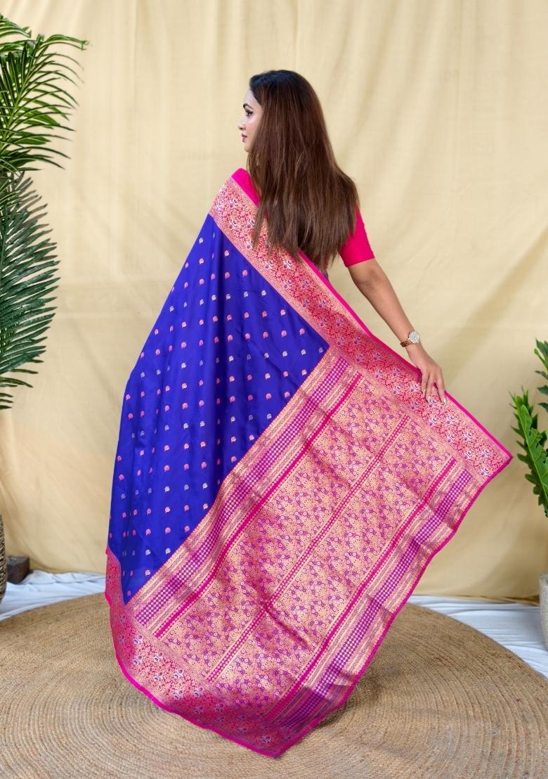 Royal Blue Woven Silk Blend Saree Set - Indya