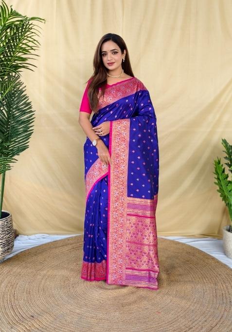 Royal Blue Woven Silk Blend Saree Set