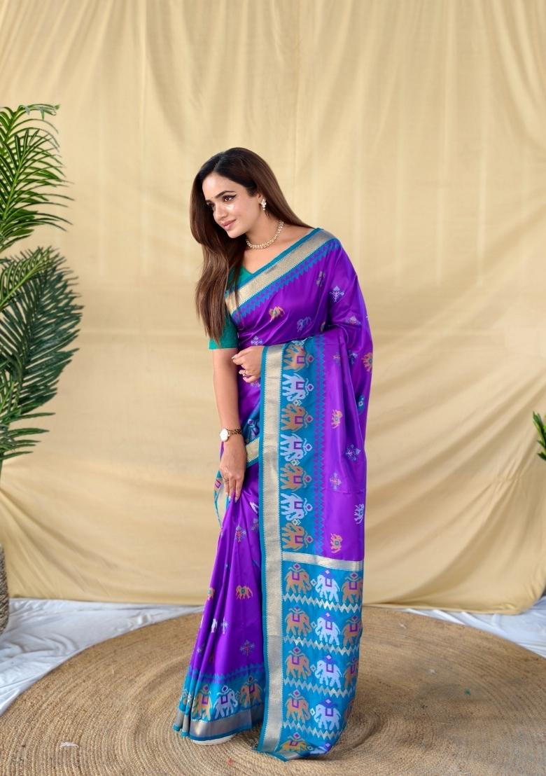 Purple Woven Silk Blend Saree Set - Indya