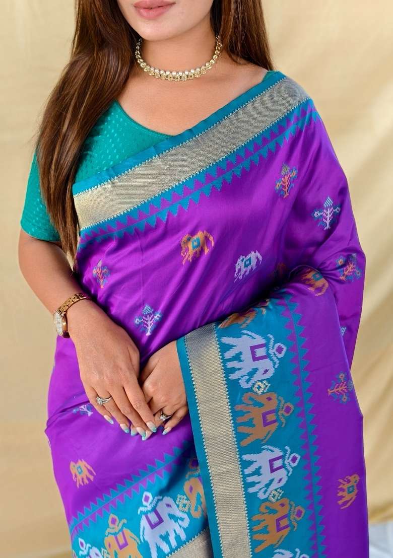 Purple Woven Silk Blend Saree Set for Diwali | Wedding & Festive Wear - Indya