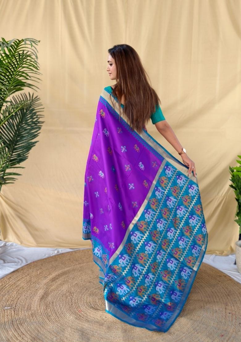 Purple Woven Silk Blend Saree Set - Indya