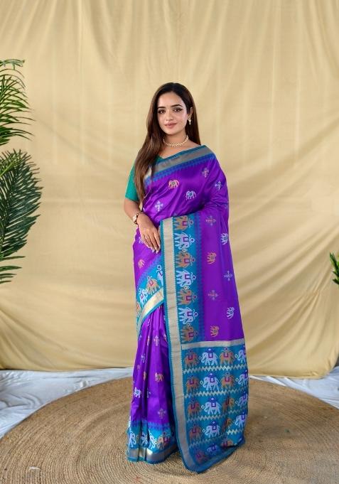 Purple Woven Silk Saree Set