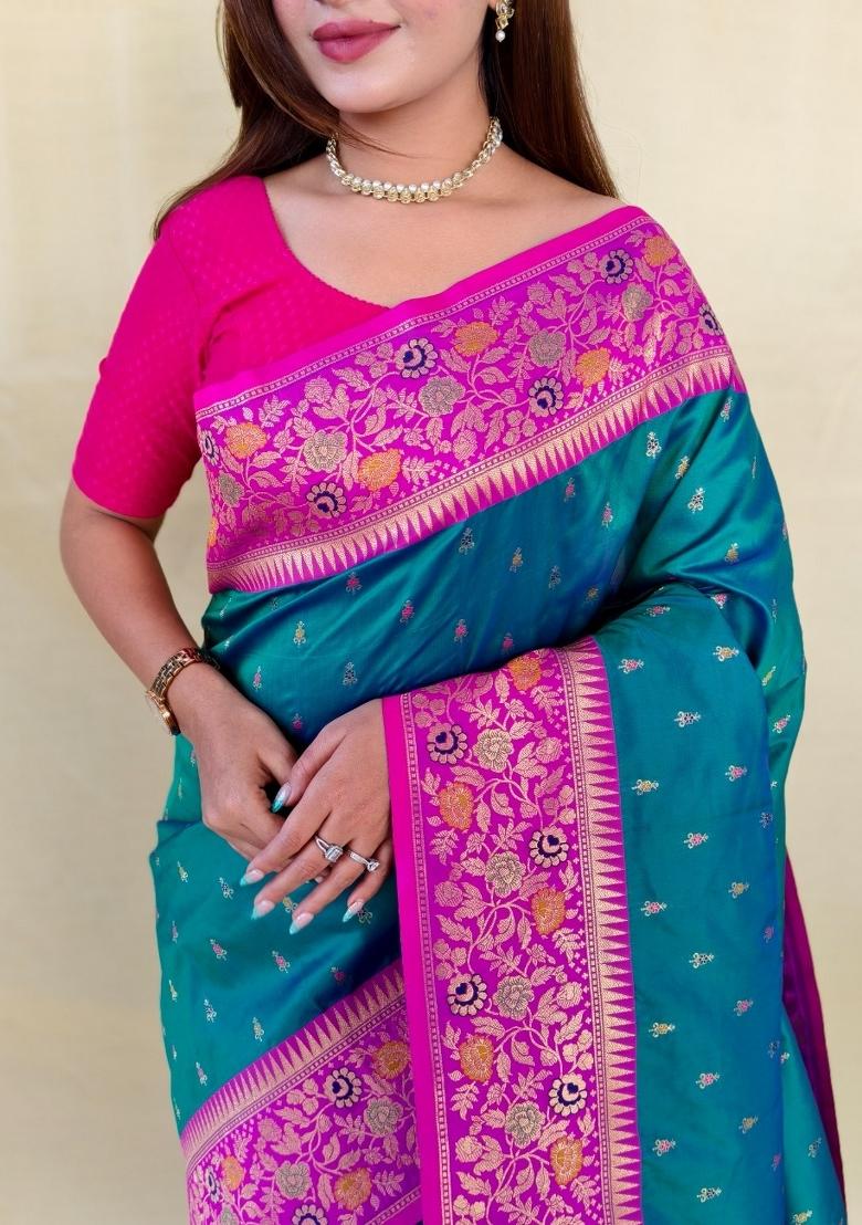 Teal Woven Silk Blend Saree Set - Indya