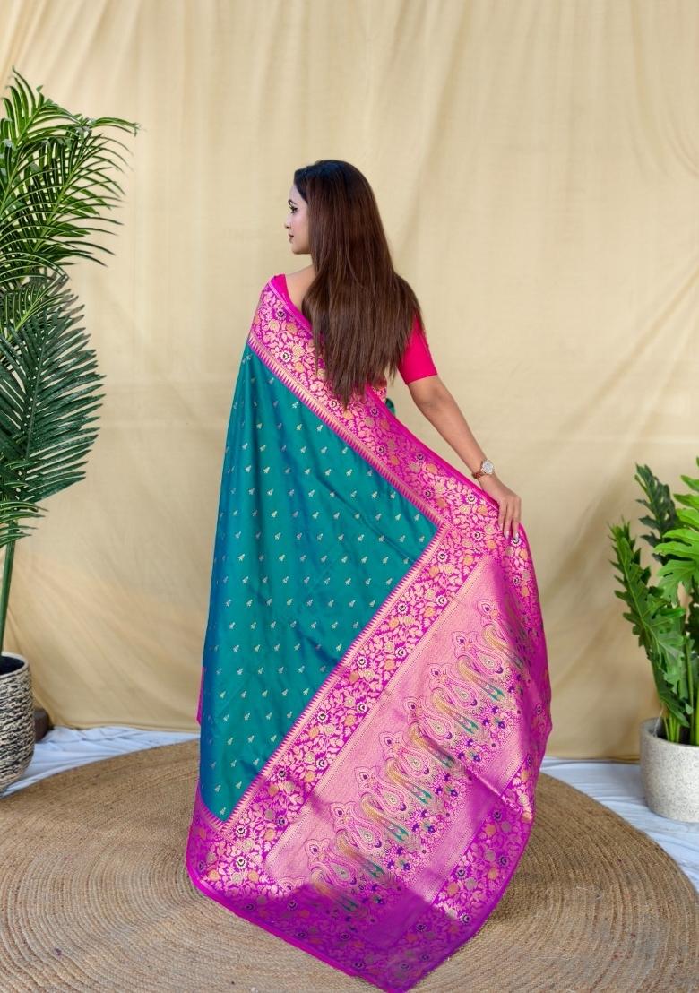 Teal Woven Silk Blend Saree Set - Indya
