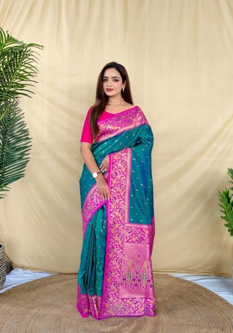 Teal Woven Silk Saree Set