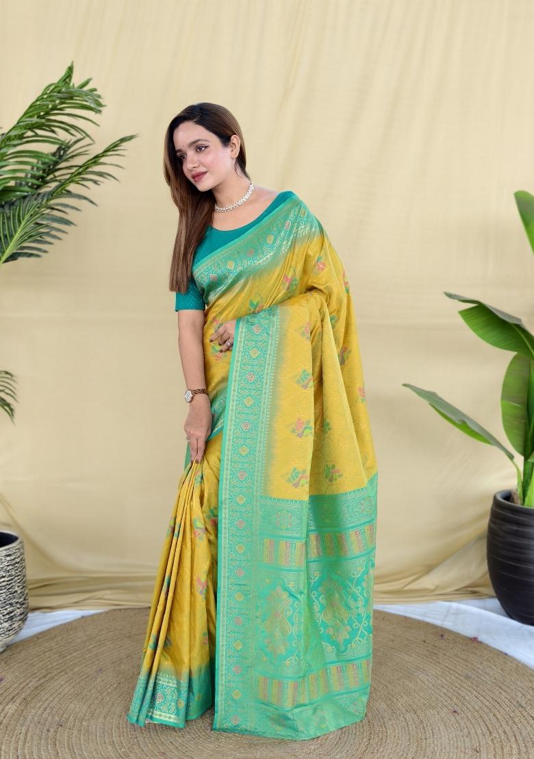 Green Woven Silk Blend Saree Set - Indya
