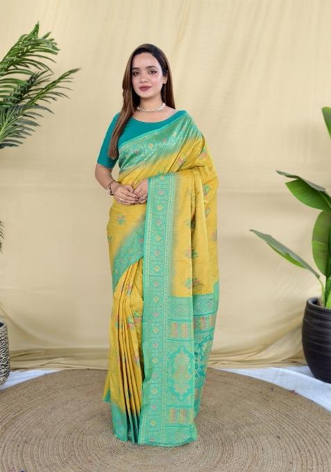 Green Woven Silk Blend Saree Set