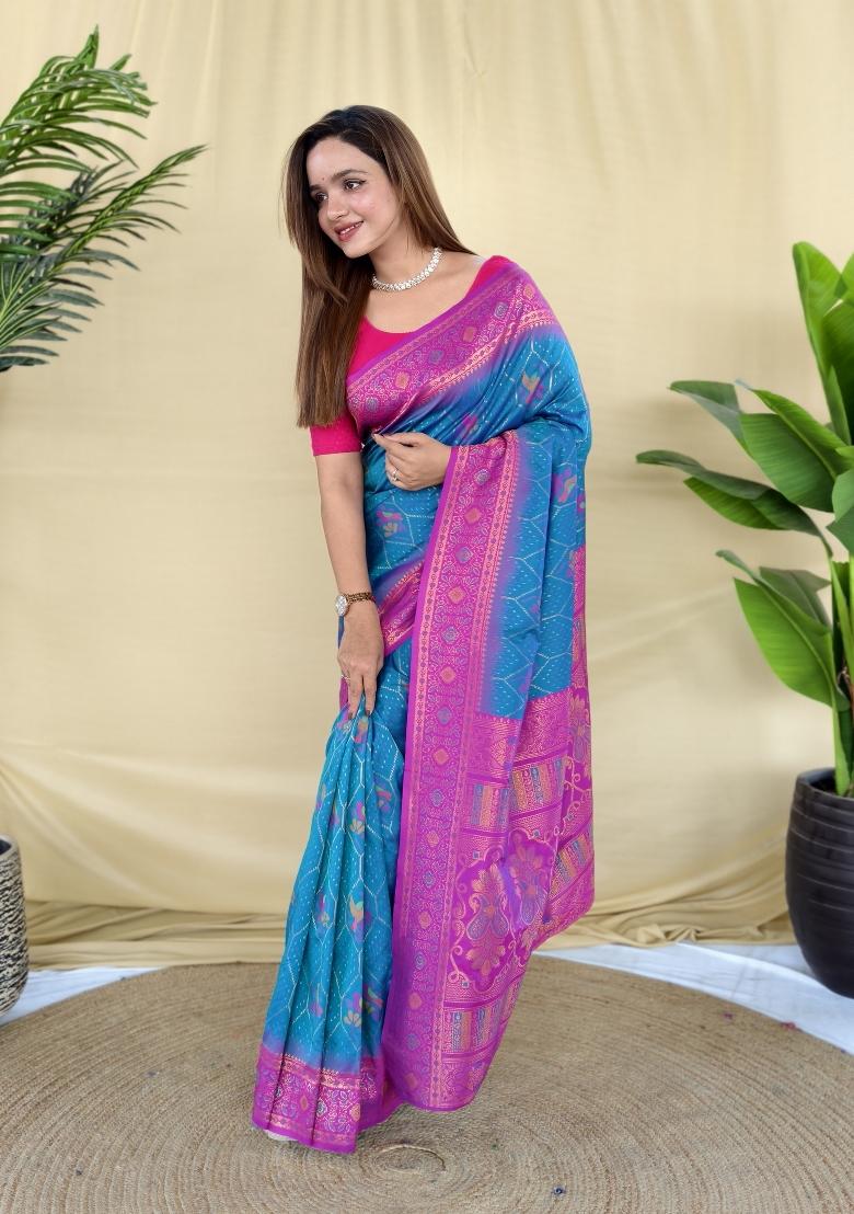 Pink Woven Silk Blend Saree Set - Indya
