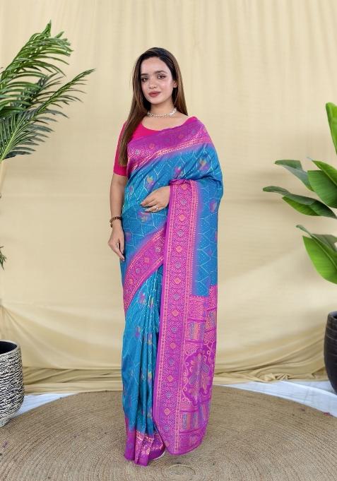 Pink Woven Silk Saree Set