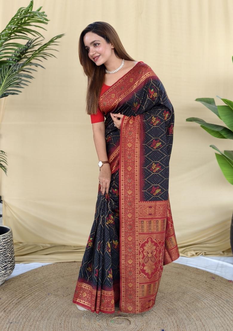 Red Woven Silk Blend Saree Set - Indya