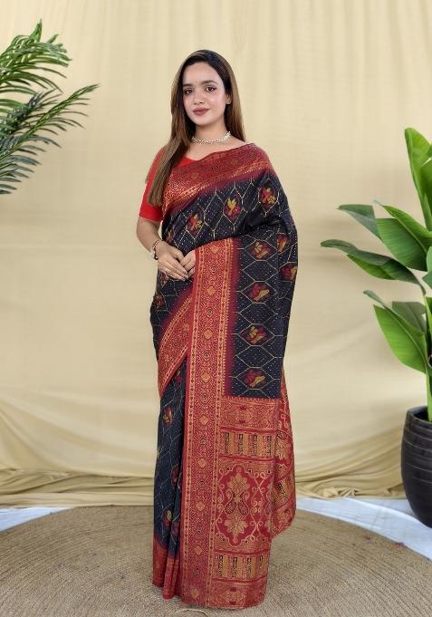 Red Woven Silk Saree Set