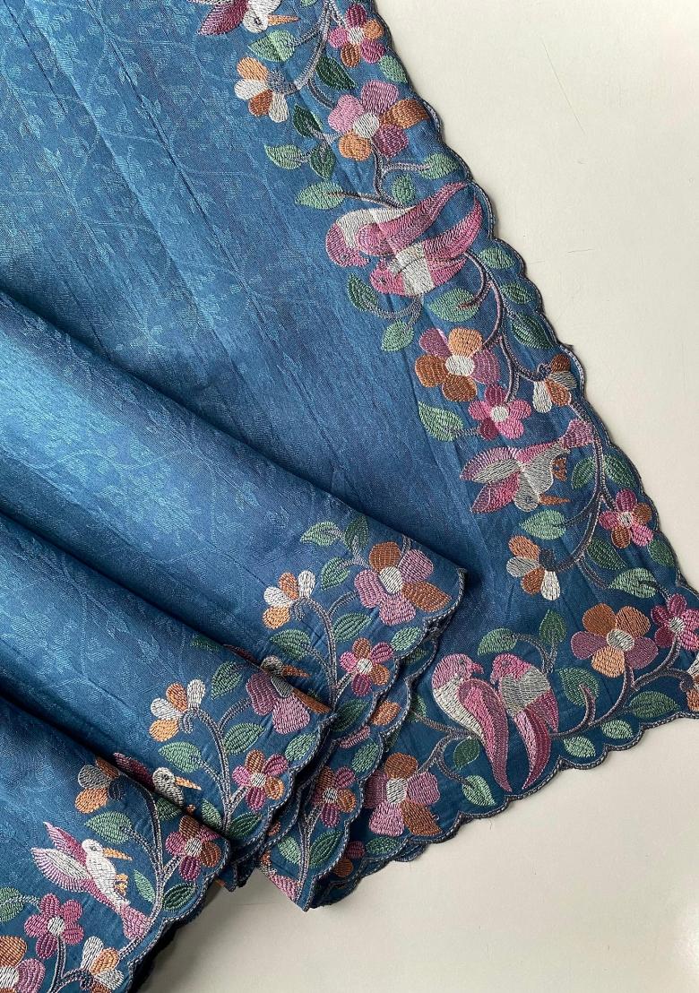 Teal Embroidered Silk Blend Saree Set - Indya