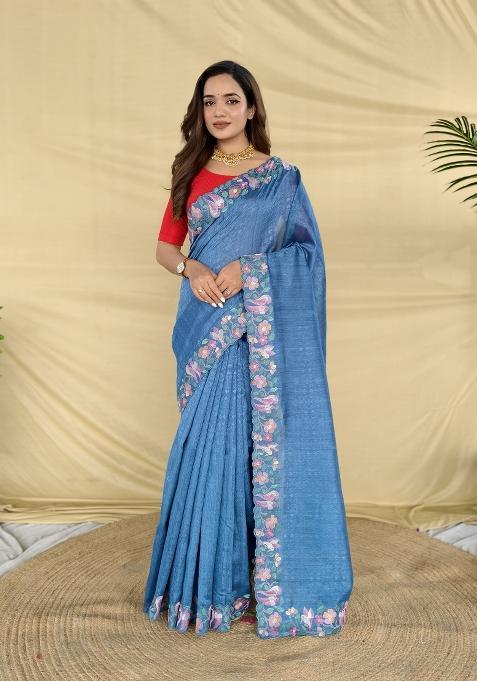 Teal Embroidered Silk Saree Set
