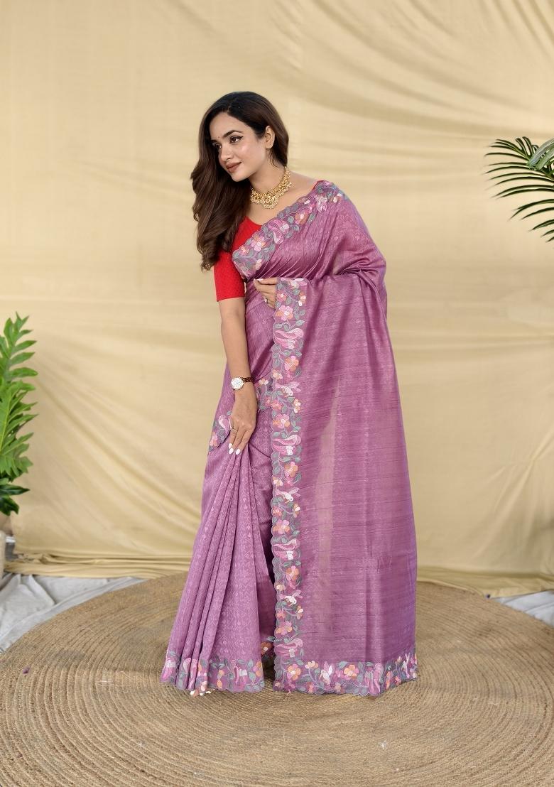Onion Pink Embroidered Silk Blend Saree Set - Indya