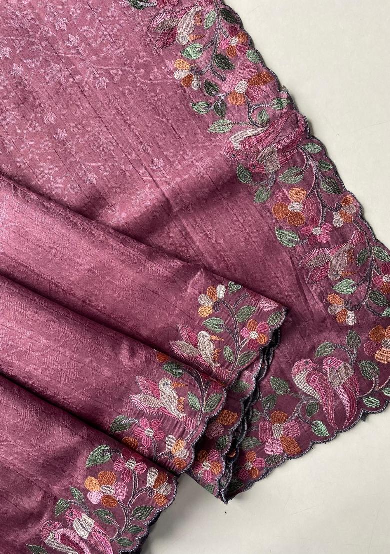 Onion Pink Embroidered Silk Blend Saree Set - Indya