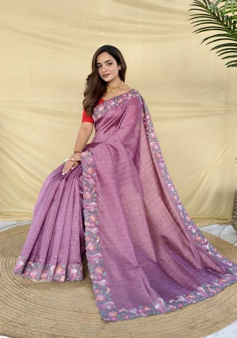 Onion Pink Embroidered Silk Blend Saree Set