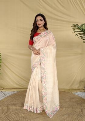 Cream Embroidered Silk Blend Saree Set