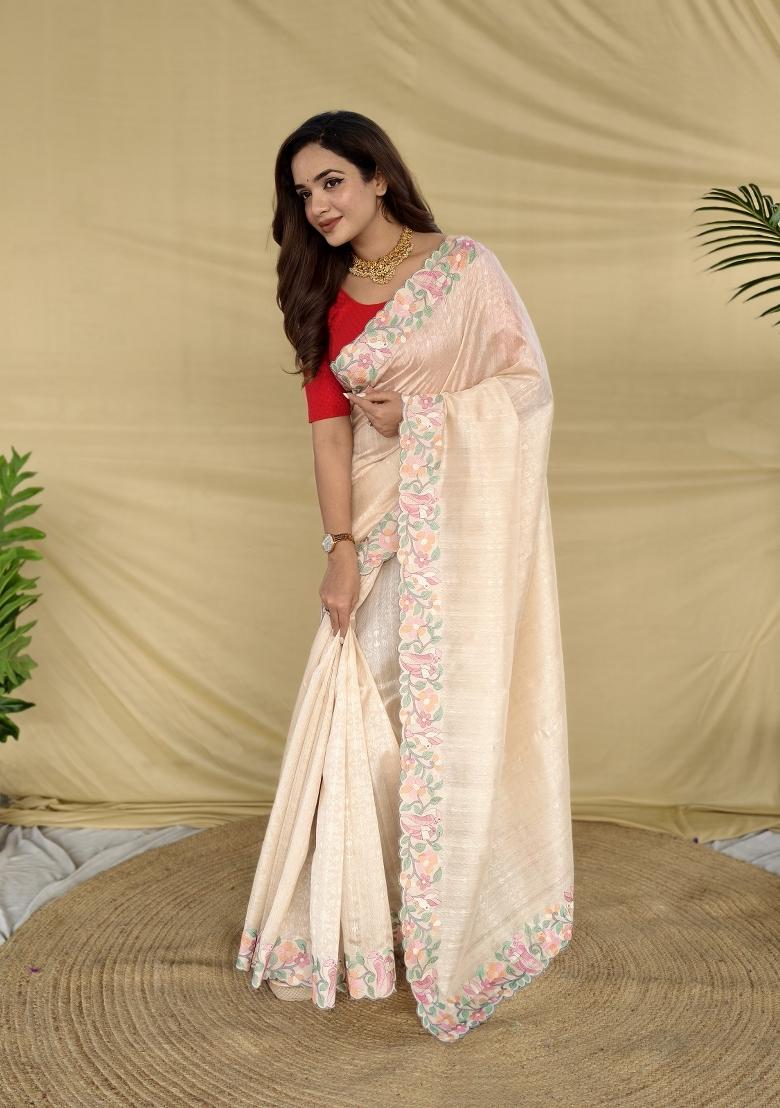 Cream Embroidered Silk Blend Saree Set - Indya