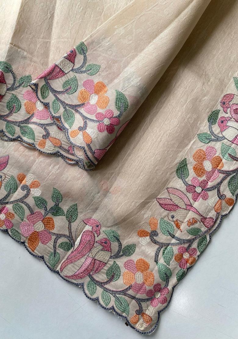 Cream Embroidered Silk Blend Saree Set - Indya