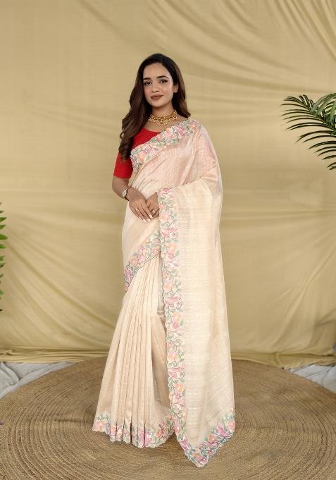 Cream Embroidered Silk Saree Set