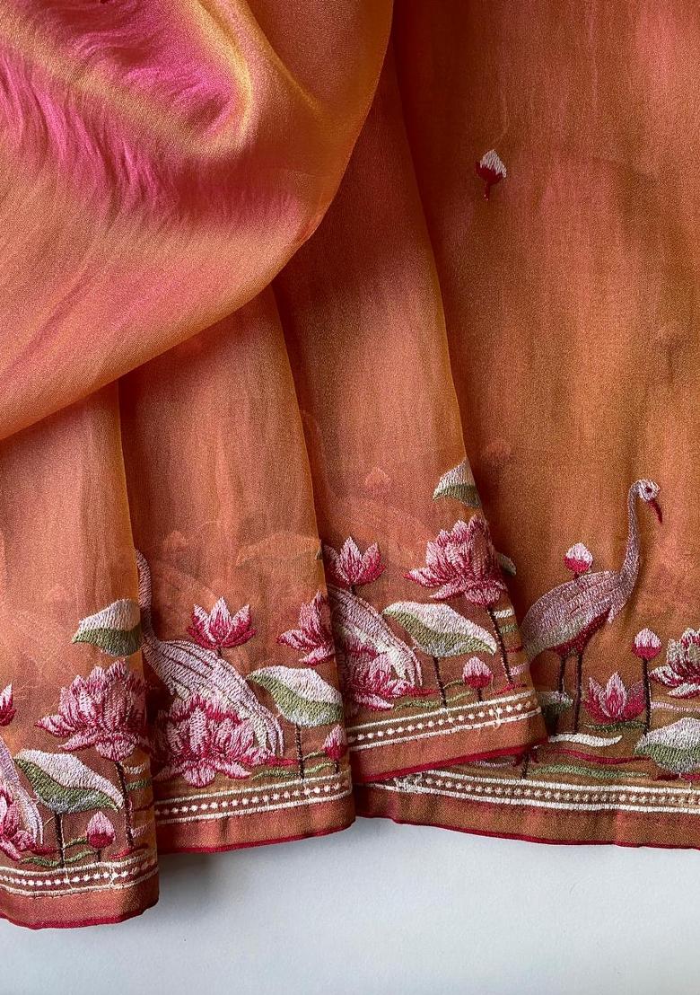 Peach Embroidered Silk Blend Saree Set - Indya