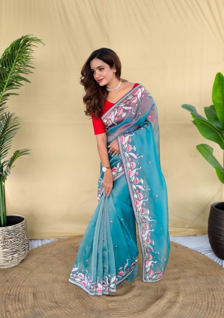Sky Blue Embroidered Silk Blend Saree Set - Indya