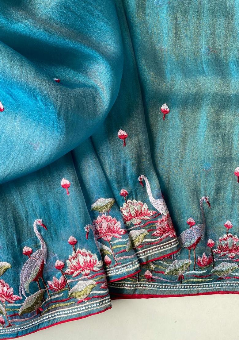 Sky Blue Embroidered Silk Blend Saree Set - Indya