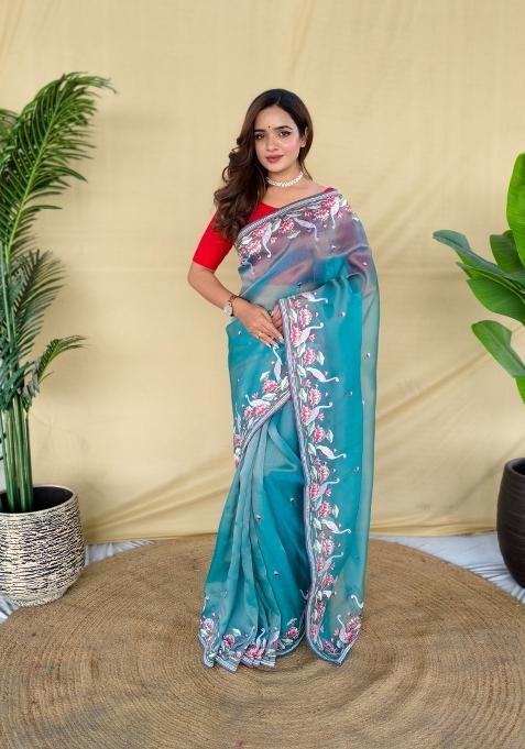 Sky Blue Embroidered Silk Saree Set