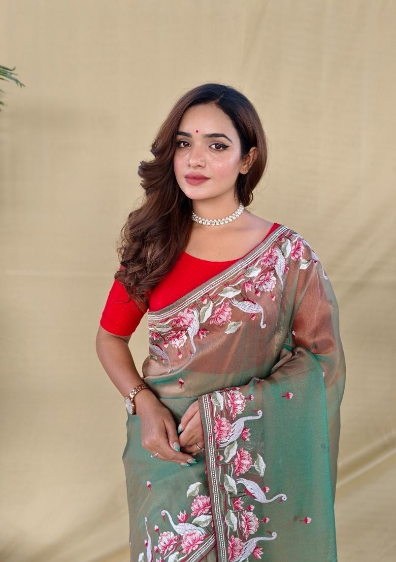 Green Embroidered Silk Blend Saree Set - Indya