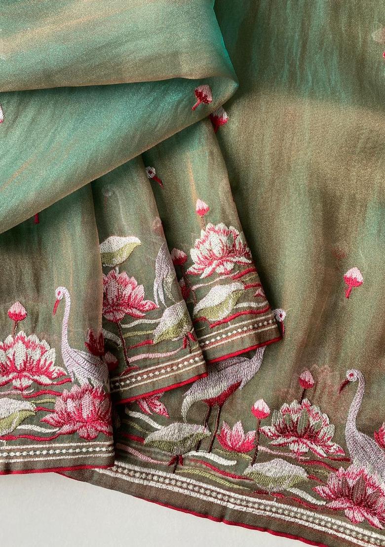 Green Embroidered Silk Blend Saree Set - Indya