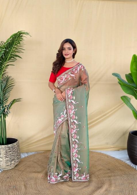 Green Embroidered Silk Blend Saree Set