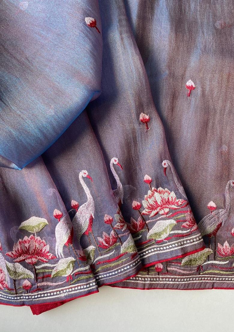 Grey Embroidered Silk Blend Saree Set - Indya