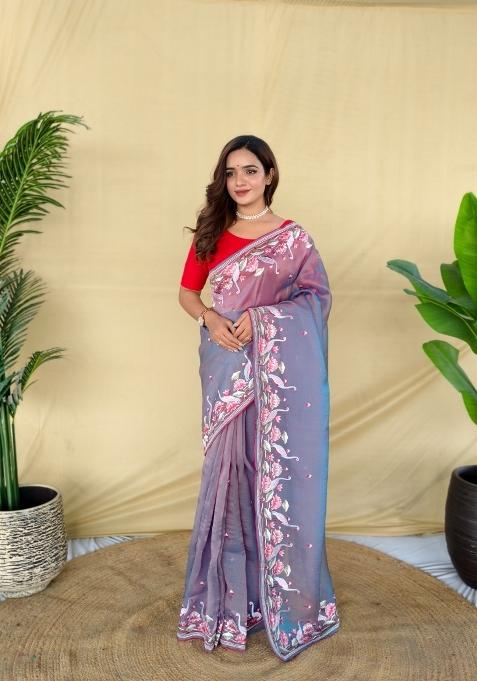 Grey Embroidered Silk Saree Set