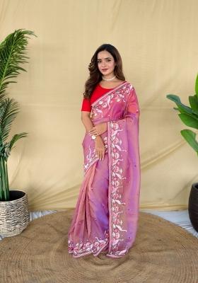 Pink Embroidered Silk Blend Saree Set