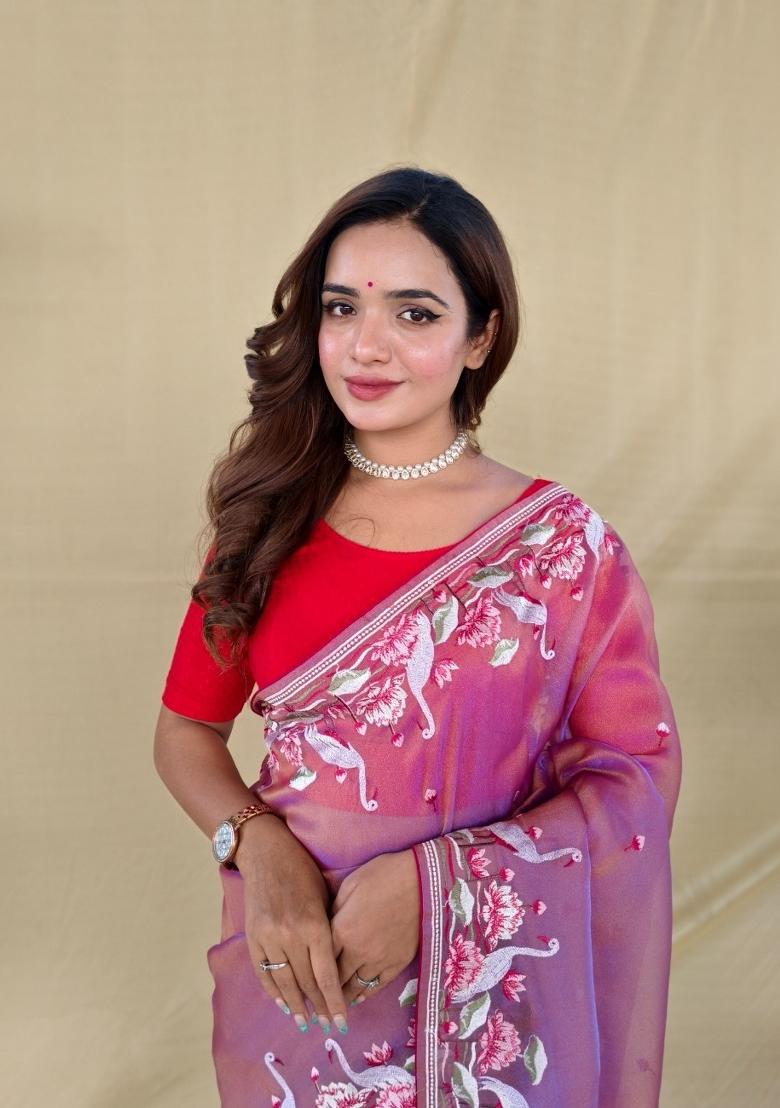 Pink Embroidered Silk Blend Saree Set - Indya