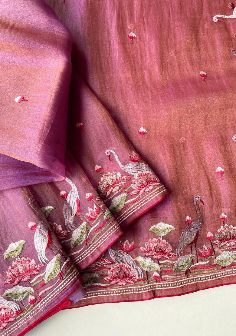 Pink Embroidered Silk Blend Saree Set - Indya